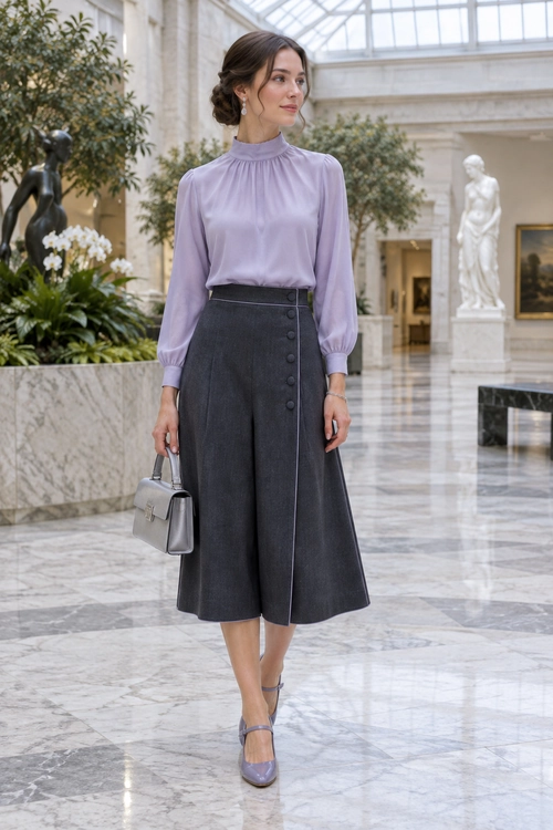 A woman wears a lavender high-neck blouse with a dark gray button-front midi skirt, matching heels, and a structured handbag.