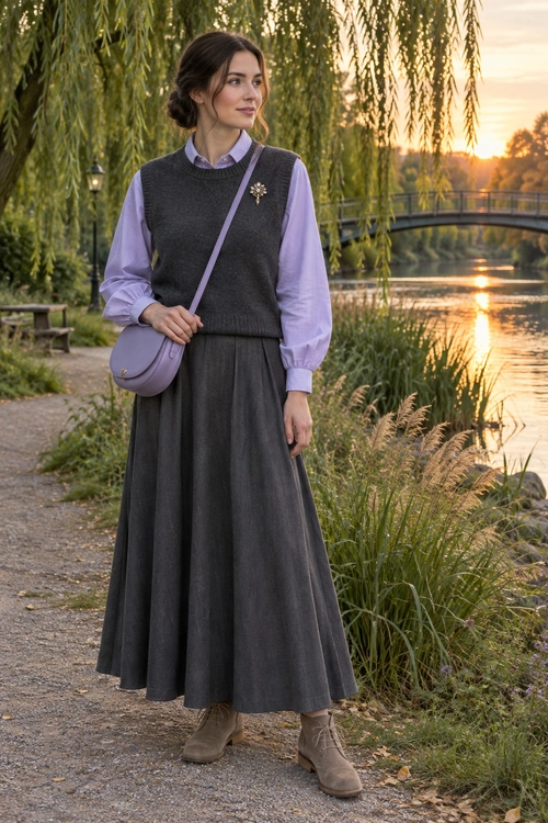 Lavender Blouse and Gray Skirt Outfit A woman wears a lavender blouse under a charcoal gray sweater vest with a long gray skirt, lavender crossbody bag, brooch, and taupe ankle boots.