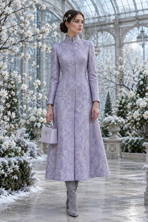 Lavender Brocade Coat Dress A woman wears a lavender high-neck brocade coat dress with gray knee-high boots and a matching handbag in a snowy conservatory garden.