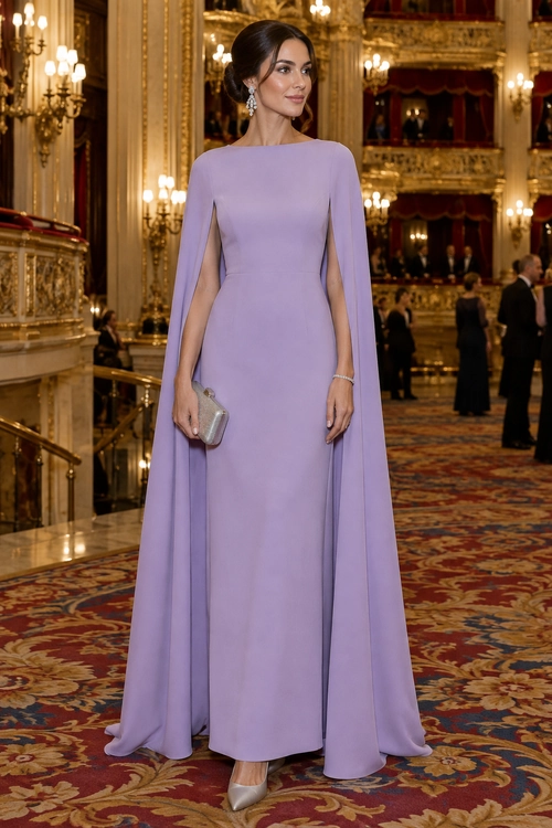 Lavender Cape-Sleeve Evening Gown Woman wearing a floor-length lavender cape-sleeve gown with silver accessories and metallic pointed-toe shoes.