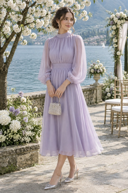 A lavender chiffon midi dress with sheer puff sleeves, paired with a beaded clutch and silver heels.
