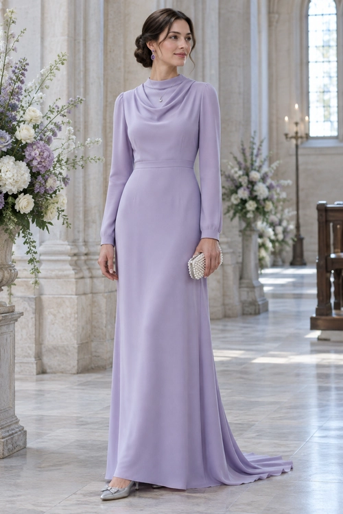 Lavender Draped Evening Gown A woman wears a floor-length lavender gown with long sleeves, a draped neckline, silver heels, and a pearl-embellished clutch.