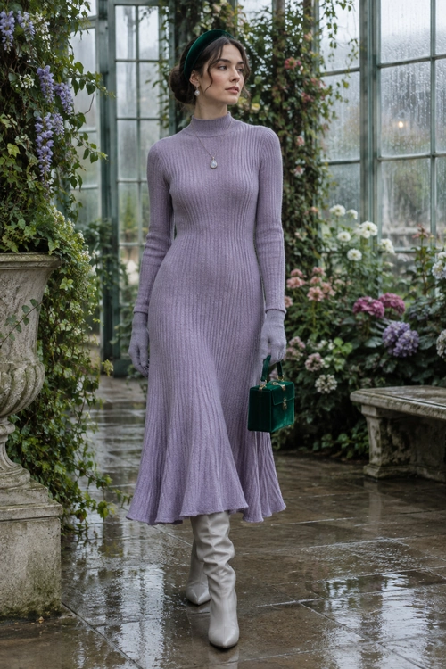 Lavender Knit Dress with White Boots A woman wears a lavender ribbed high-neck knit dress with matching gloves, white knee-high boots, a dark green handbag, and a green headband.