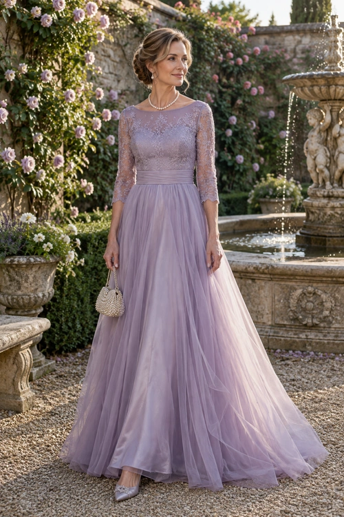 A woman wears a floor-length lavender gown with a lace bodice, three-quarter sleeves, and a full tulle skirt, accessorized with a pearl necklace and a beaded clutch.