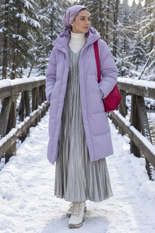 Lavender Puffer Coat with Pleated Dress A woman wears a lavender quilted puffer coat over a gray pleated dress and white turtleneck with a lavender headscarf, winter boots, and a magenta shoulder bag in a snowy forest.