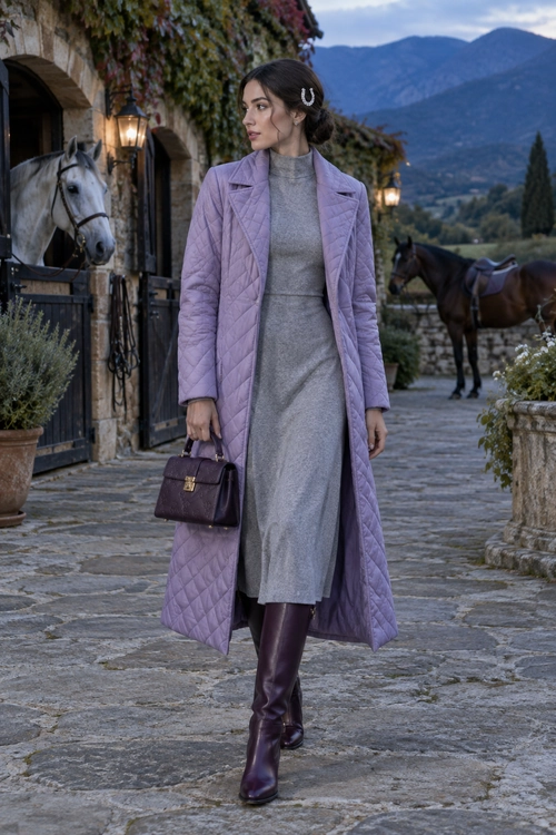 Lavender Quilted Coat Outfit A woman wears a long lavender quilted coat over a gray high-neck dress with burgundy knee-high boots and a structured handbag.