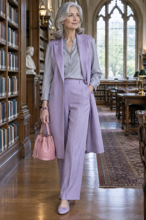 Lavender Tailored Trousers and Long Vest A lavender tailored outfit with wide-leg trousers, a long sleeveless vest, gray blouse, pink handbag, and matching flats.