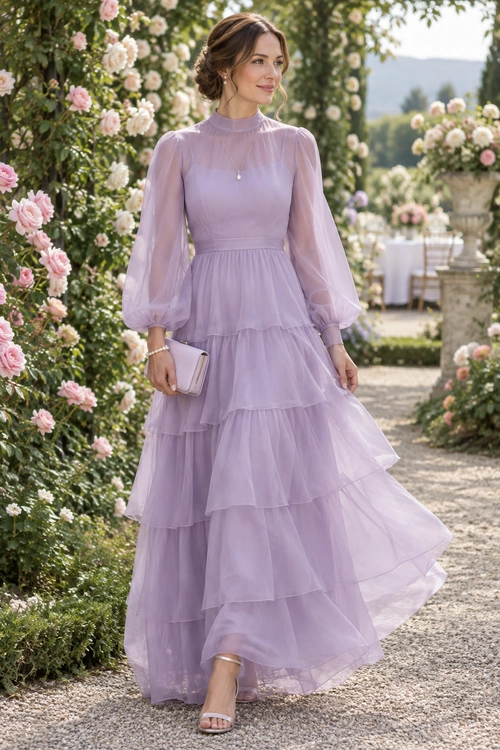 A woman wears a flowing lavender gown with sheer puff sleeves and a tiered skirt, paired with a small clutch and strappy heels.