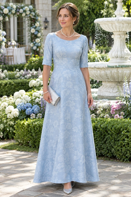 Light Blue Floral Gown A woman wears a light blue floral floor-length gown with pearl jewelry, a silver clutch, and silver heels.