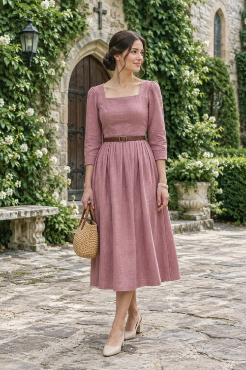 Mauve Belted Midi Dress Woman wearing a mauve square-neck midi dress with a brown belt, woven handbag, and nude heels.