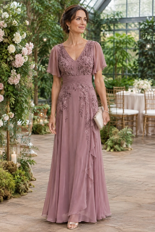 A floor-length mauve dress with a beaded V-neck bodice, flutter sleeves, a waist sash and a ruffled front, styled with a beige clutch and sandals.