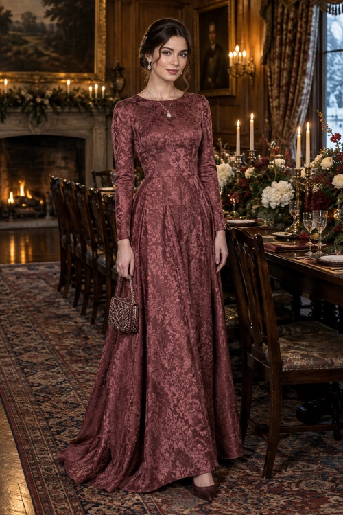 A woman wears a long-sleeved mauve floral gown with a pendant necklace and a small embellished clutch.
