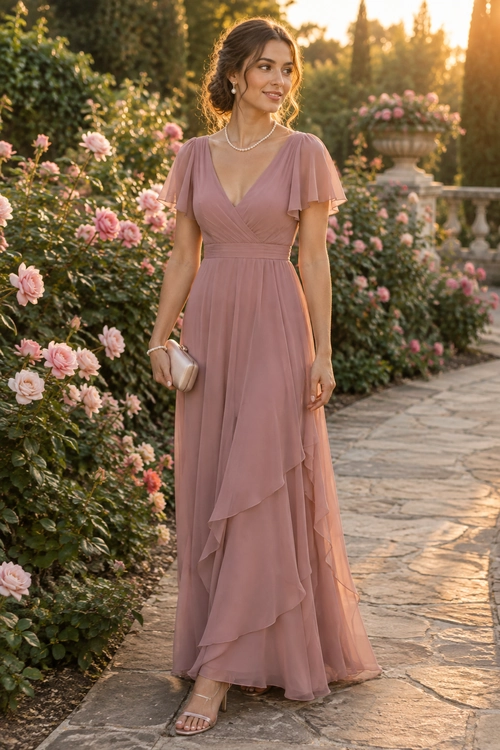 A woman wears a mauve floor-length gown with flutter sleeves and a layered ruffle skirt, accessorized with a pearl necklace, small clutch, and strappy sandals.