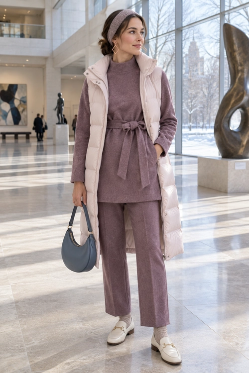 Mauve Layered Winter Outfit Woman wearing a mauve belted knit top with matching wide-leg pants, a blush quilted vest, cream loafers, and a dark blue shoulder bag.
