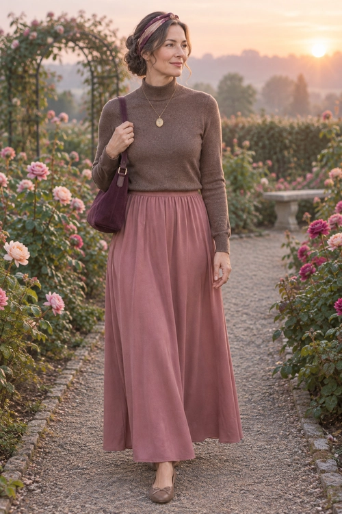 Mauve Skirt and Taupe Sweater Outfit A taupe turtleneck sweater paired with a flowing mauve maxi skirt, burgundy shoulder bag, pendant necklace, headband, and taupe flats.