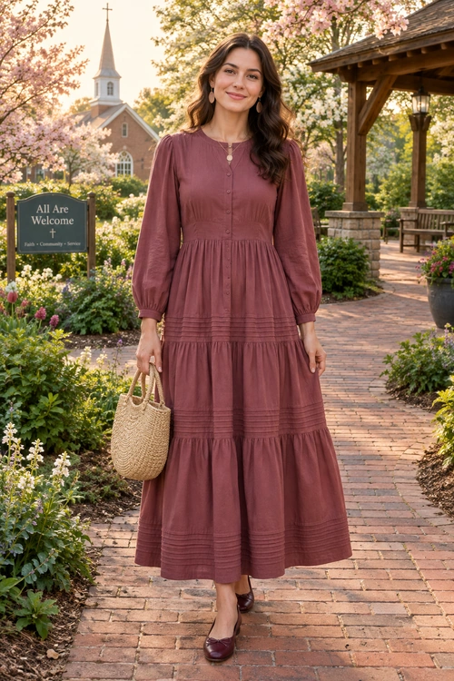 Mauve Tiered Dress Outfit A woman wears a mauve long-sleeve tiered midi dress with burgundy flats and carries a woven straw handbag.