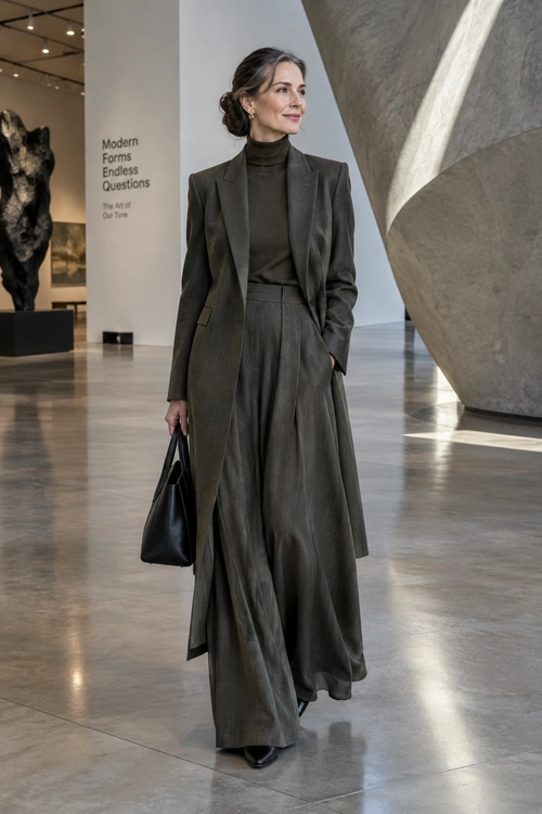 Monochrome Tailored Suit Look Woman wearing a dark olive tailored blazer, turtleneck, wide-leg trousers, and carrying a black tote bag.