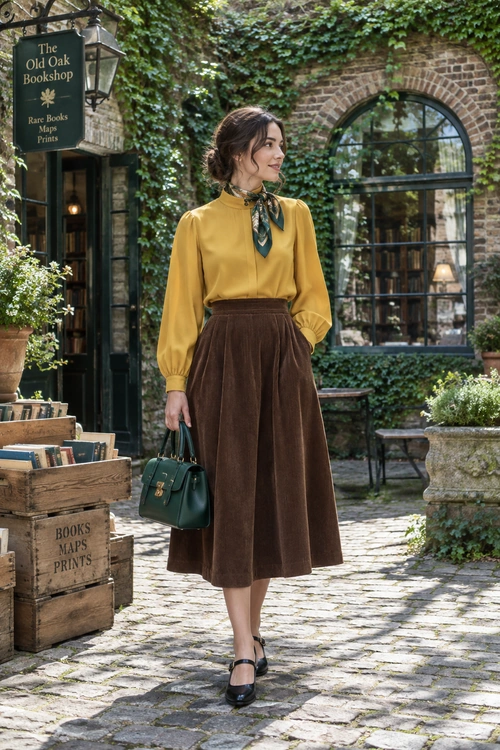 Mustard Blouse and Brown Midi Skirt Outfit A mustard long-sleeve blouse with a patterned neck scarf, brown midi skirt, black Mary Jane shoes, and a dark green handbag.