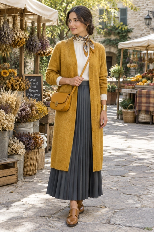 A woman wears a mustard long cardigan over a white blouse with a patterned neck scarf, gray pleated skirt, tan crossbody bag, and brown loafers.