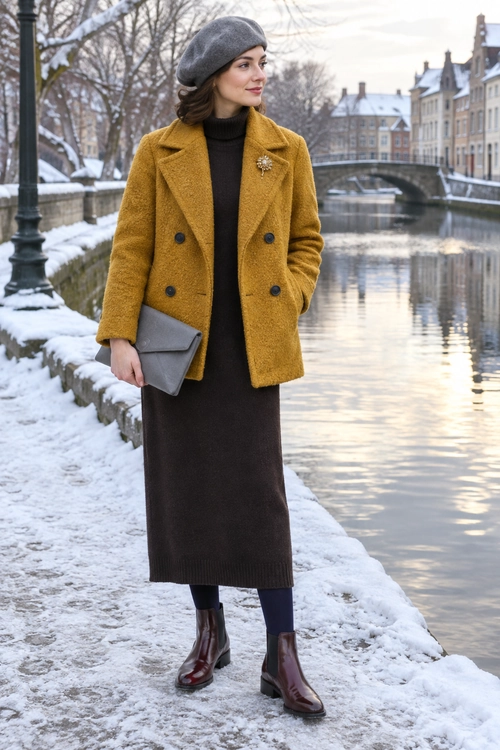 Mustard Coat Winter Outfit A winter outfit featuring a mustard double-breasted coat, gray beret, black turtleneck, dark midi skirt, gray clutch, and burgundy ankle boots.
