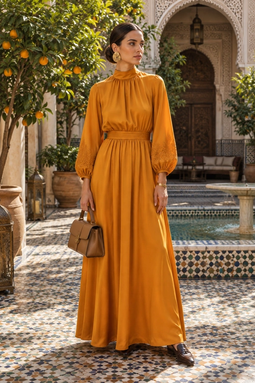 Mustard Maxi Dress Outfit A woman wears a mustard long-sleeved maxi dress with a brown handbag and loafers in a tiled courtyard.