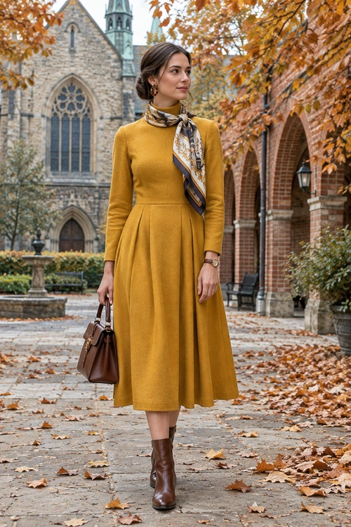 Mustard Midi Dress with Silk Scarf Woman wearing a mustard long-sleeve midi dress with a patterned neck scarf, brown handbag, and brown ankle boots in an autumn courtyard.