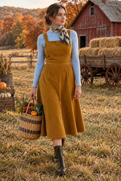 Mustard Pinafore Dress with Neck Scarf A woman wears a mustard corduroy pinafore dress over a light blue long-sleeve top with a patterned neck scarf and dark lace-up boots.