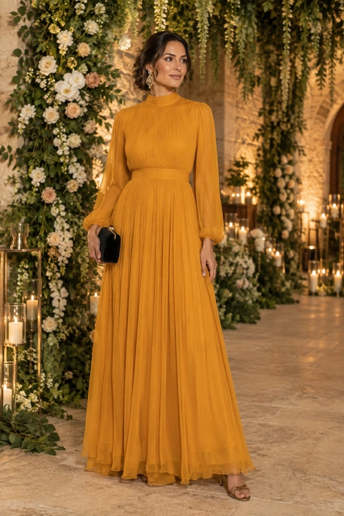 A woman wears a mustard-yellow long-sleeved pleated dress with a high neckline, black clutch, and strappy sandals.