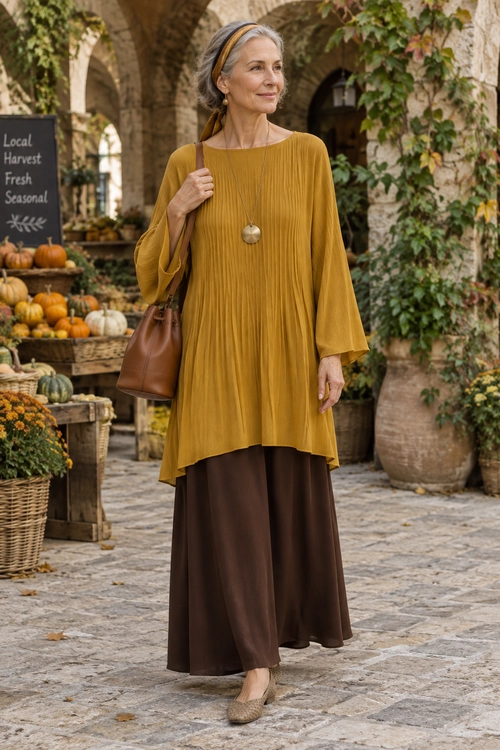 Mustard Tunic with Brown Wide-Leg Trousers A woman wears a mustard pleated tunic with flared sleeves, brown wide-leg trousers, a pendant necklace, a brown shoulder bag, and textured flats.