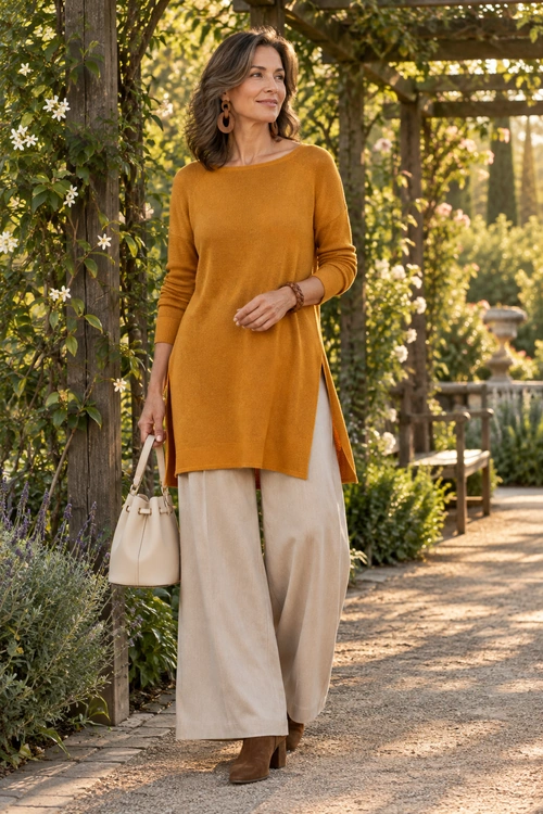 Mustard Tunic with Wide-Leg Pants Woman wearing a mustard long-sleeve tunic, cream wide-leg pants, brown ankle boots, and carrying a cream handbag in a garden.