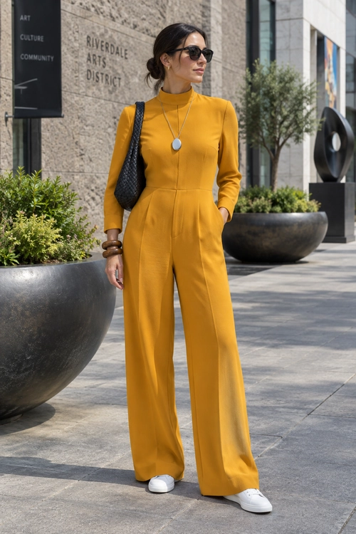 Mustard Yellow Wide-Leg Jumpsuit Outfit Woman wearing a mustard yellow long-sleeve wide-leg jumpsuit with white sneakers, black sunglasses, a black shoulder bag, and layered necklaces.