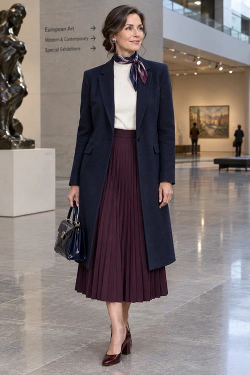 Navy Coat and Burgundy Pleated Skirt Outfit A woman wears a navy tailored coat over an ivory top with a burgundy pleated midi skirt, neck scarf, structured handbag, and matching heels.