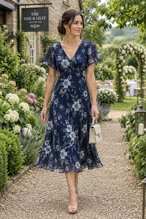 Navy Floral Midi Dress A navy V-neck midi dress with light floral print and flutter sleeves, styled with nude strappy heels and a small cream handbag.