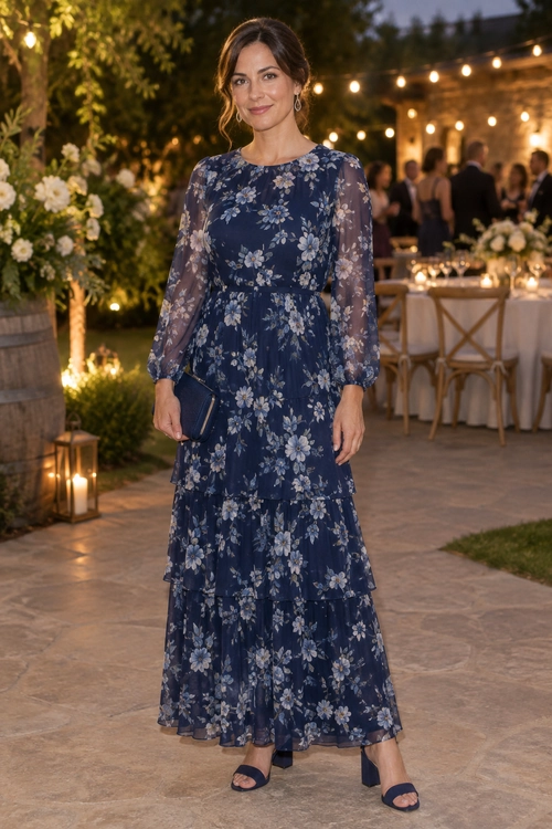 A navy tiered maxi dress with a light floral print and sheer long sleeves, styled with a dark clutch and open-toe heels.