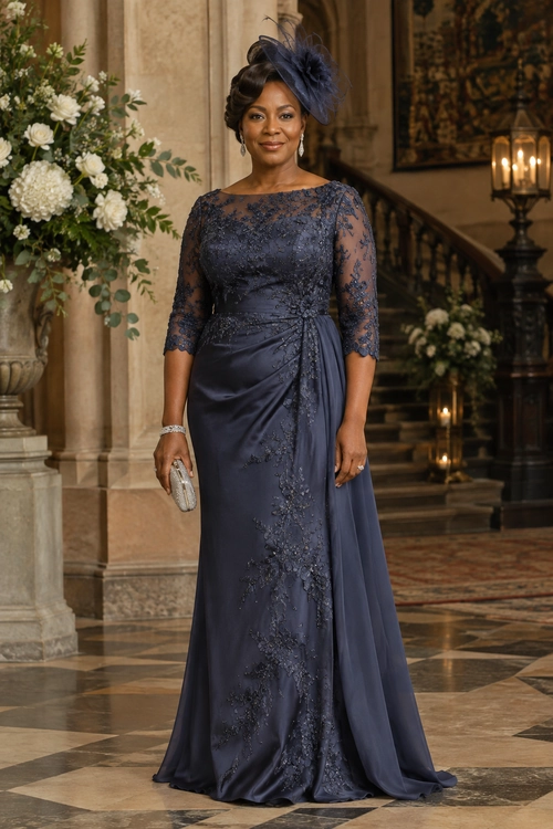 Navy Lace Evening Gown A woman wears a floor-length navy gown with lace sleeves and detailing, paired with a feathered fascinator, silver jewelry, and a small silver clutch.