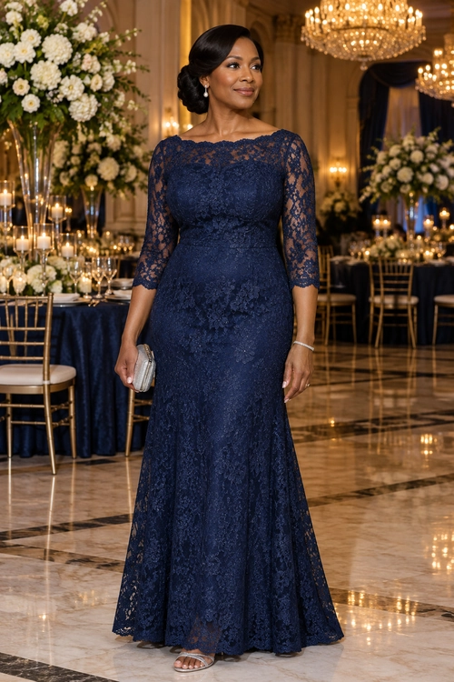 Navy Lace Evening Gown A floor-length navy lace gown with long sheer sleeves is paired with a silver clutch, drop earrings, a bracelet, and open-toe sandals.