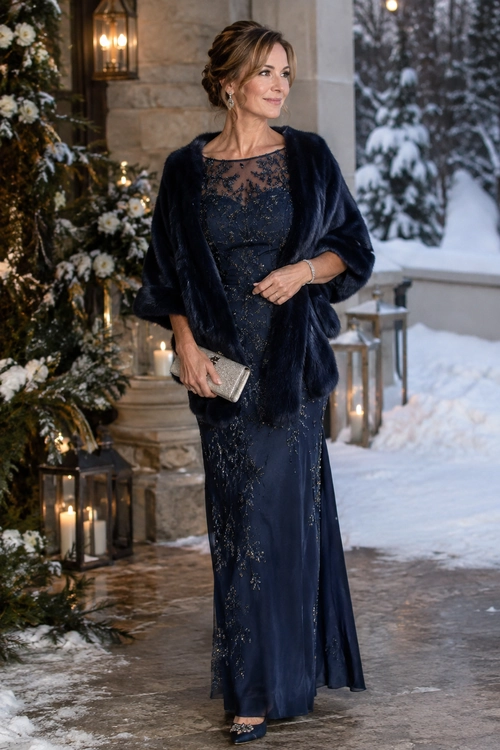 A woman wears a floor-length navy lace evening gown with a dark fur wrap, silver clutch, and embellished heels.