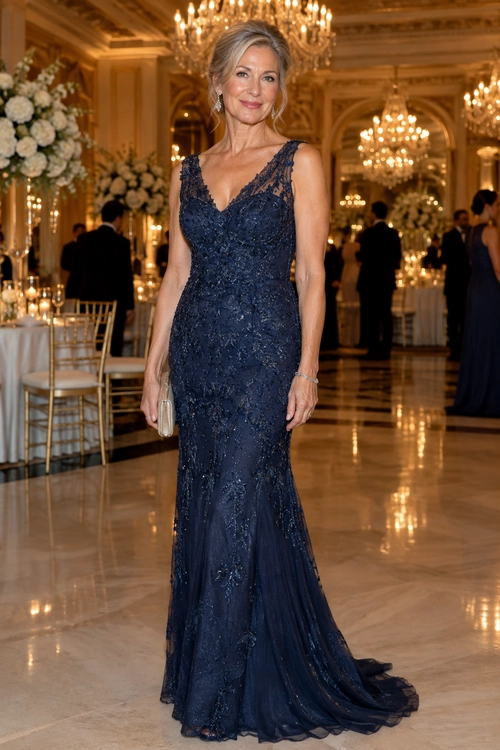 A woman wears a floor-length navy gown with a lace bodice and sheer three-quarter sleeves, paired with a silver clutch and strappy heels.