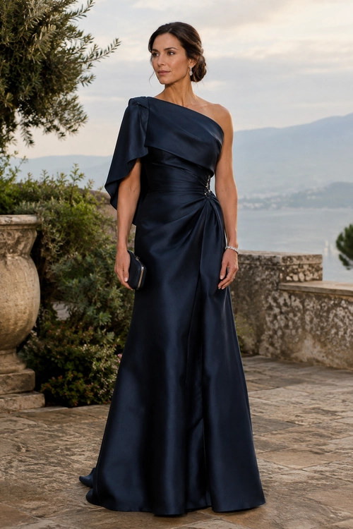 A woman wears a floor-length navy one-shoulder gown with draped detailing, holding a small clutch and wearing earrings and a bracelet.