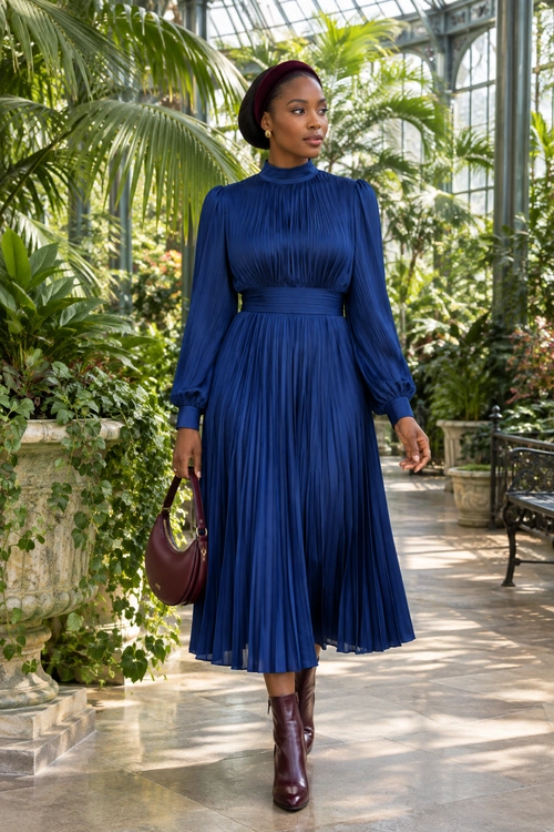 Woman wearing a long-sleeved navy pleated dress with burgundy knee-high boots, a matching handbag, and a burgundy headband.