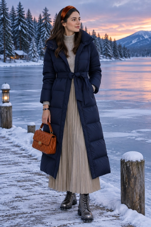Navy Puffer Coat Winter Outfit A woman wears a long navy belted puffer coat over a beige turtleneck and pleated midi skirt with black lace-up boots and a brown quilted handbag in a snowy setting.