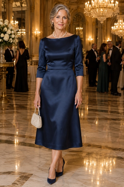A woman wears a navy satin midi dress with three-quarter sleeves, a pearl necklace, a beaded clutch, and matching heels.