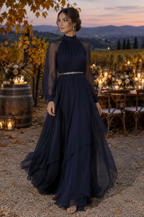Navy Sheer-Sleeve Evening Gown A floor-length navy gown with sheer long sleeves, a jeweled waist detail, and metallic open-toe sandals.