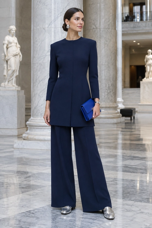 Navy Tunic and Wide-Leg Trouser Outfit A woman wears a navy long-sleeve tunic with wide-leg trousers, a brooch, brown pointed heels, and carries a mustard handbag.