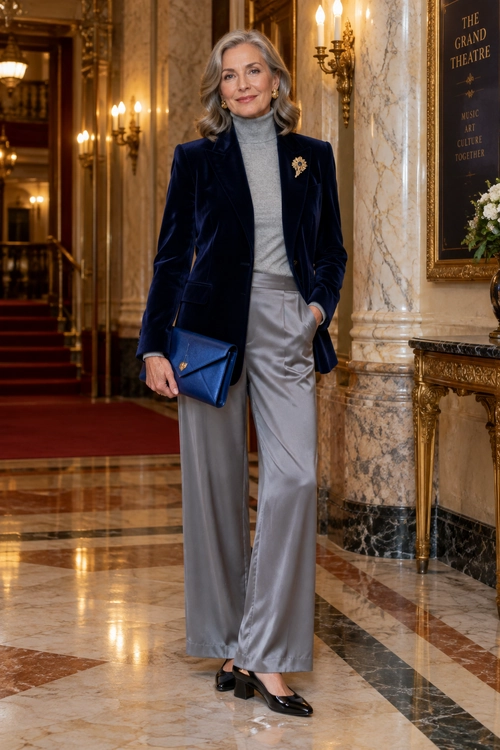 Navy Velvet Blazer with Gray Wide-Leg Trousers A woman wears a navy velvet blazer over a gray turtleneck with silver-gray wide-leg trousers, a blue clutch, a gold brooch, and black heels.