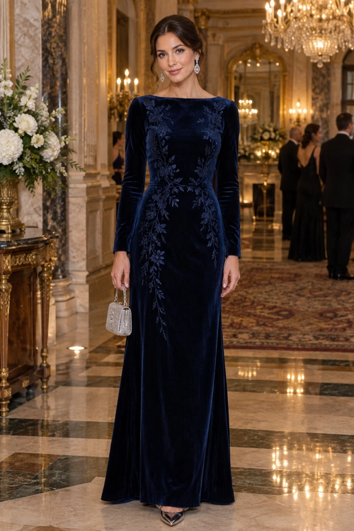 A floor-length navy velvet gown with tonal floral detailing, paired with drop earrings, a silver clutch, and pointed metallic heels.