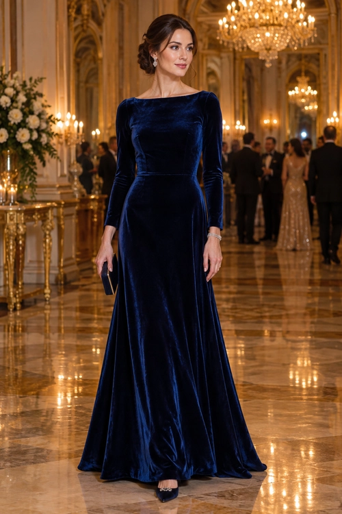 A floor-length navy velvet gown with long sleeves and a flared skirt, styled with a dark clutch and black heels.