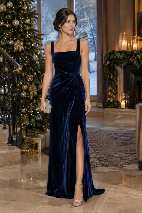 A woman wears a floor-length navy velvet gown with long sleeves, a V-neckline, floral detailing, and a small dark clutch.