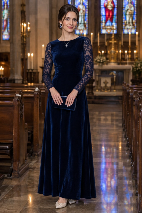 Navy Velvet Lace-Sleeve Gown A woman wears a floor-length navy velvet gown with lace sleeves, a matching clutch, jewelry, and embellished pointed heels.