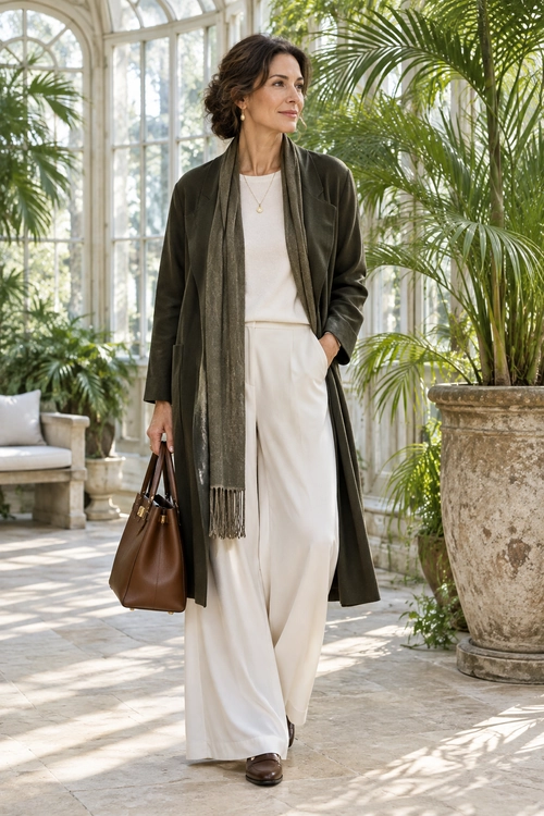 Olive Coat and Cream Trousers A woman wears a long olive coat over a cream top and wide-leg trousers with a coordinating scarf, brown handbag, and dark brown shoes.